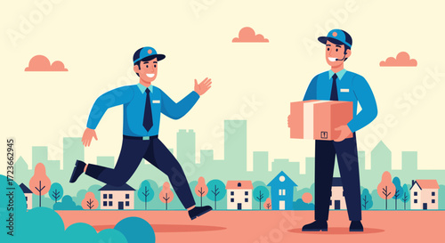 Two friendly delivery people greeting each other in a suburban neighborhood with houses and trees.