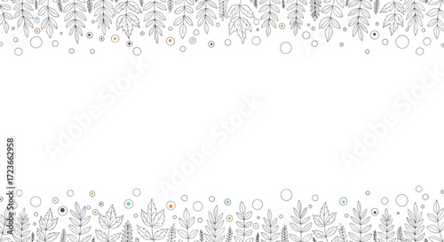 A delicate pattern of hand drawn winter foliage and falling snowflakes adorns the top and bottom borders of a white background, suggesting a festive and whimsical seasonal theme.
