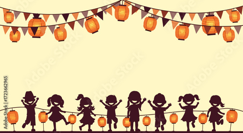 Children celebrating a festive occasion with lanterns and banners under a warm sky.