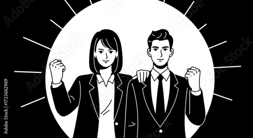 Two determined professionals standing together with raised fists in front of a bright sun.