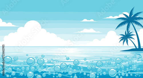 A serene tropical island scene with clear blue ocean water and palm trees reaching for the sky.