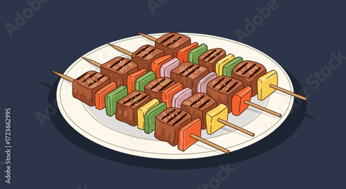 Delicious grilled meat and vegetable skewers served on a white plate, perfect for a summer barbecue.