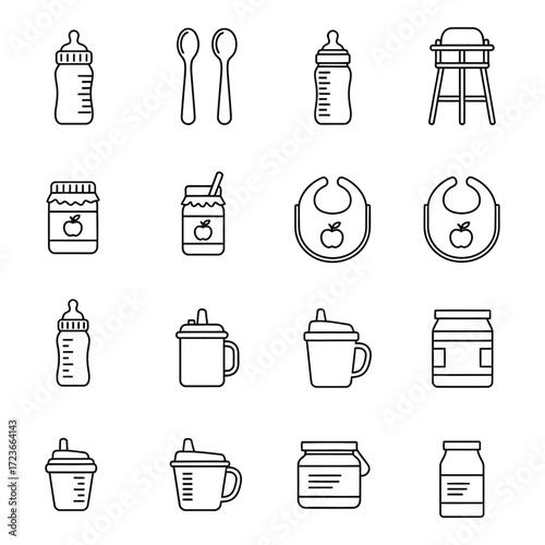 Simple line art icons of baby feeding supplies for toddlers and infants