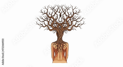 A captivating illustration isolated on white background of a woman with a tree for a head and roots for a spine, symbolizing growth and connection