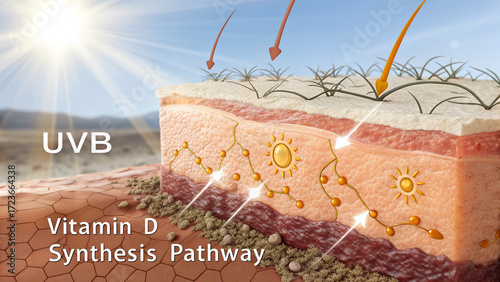 Macro shot of human skin, UVB interacts with skin, showing the vitamin D synthesis pathway, scientific visualization, futuristic aesthetic