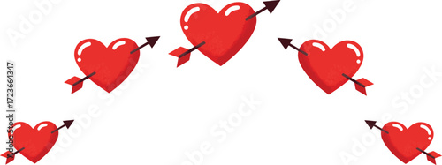 Vector art of five red hearts pierced by an arrow, symbol of love and valentines day