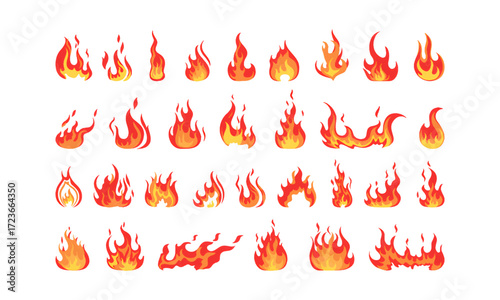 Collection of various stylized flame illustrations in different shapes and sizes, perfect for design elements