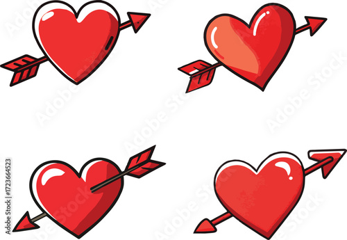 Vector art of four red hearts pierced by an arrow, symbol of love and valentines day on