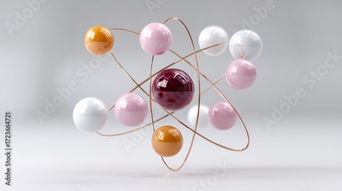 3D illustration of an atom model featuring colorful spheres representing protons, neutrons, and electrons, with delicate orbits, showcasing the fundamental structure of matter in a visually engaging m