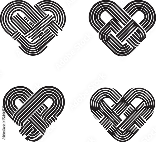 Vector art of four black and white hearts composed of interwoven lines