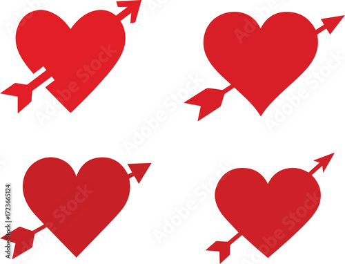 Vector art of four red hearts pierced by arrows, symbolizing love
