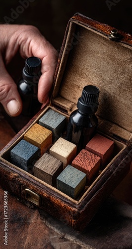 Wooden color swatches in a leather box, with dark bottles of liquid.  Hand holding two bottles
