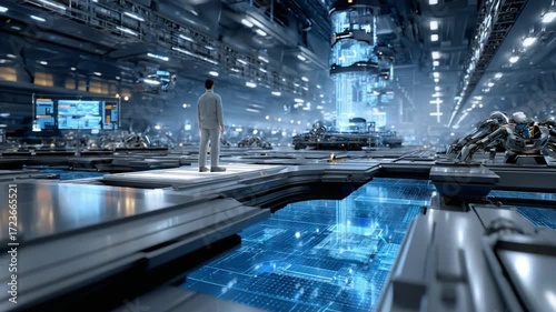 The Scientist and Futuristic Lab: A lone scientist contemplates the complex infrastructure of a cutting-edge laboratory, awash in neon lights and advanced technology.