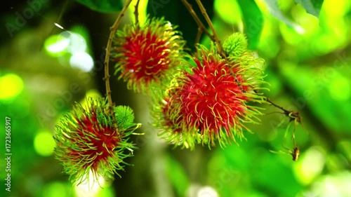 Ripe rambutan fruits hanging in a rambutan tree and moving by the wind.