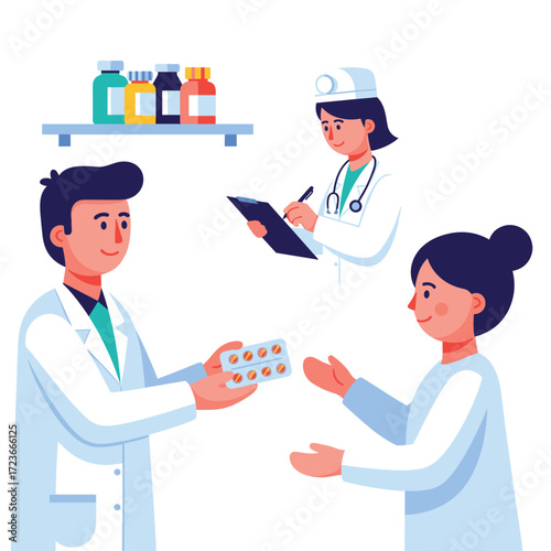A compassionate doctor providing a prescription of pills to a patient during a medical consultation, illustrating professional healthcare and pharmacy services