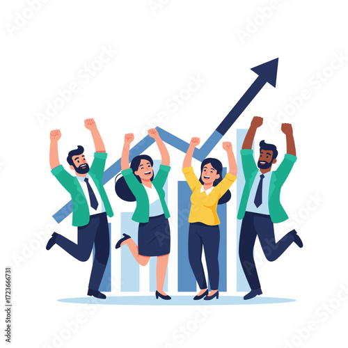 Team celebrates success with financial growth graph, showcasing teamwork and achievement