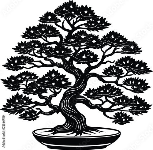Black tree silhouette vector with intricate leaf and branch illustrations captures the essence of nature's design