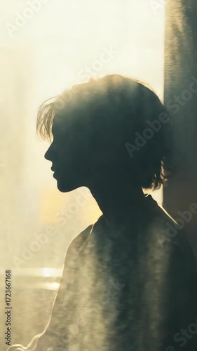 A silhouette of a person standing in front of a window