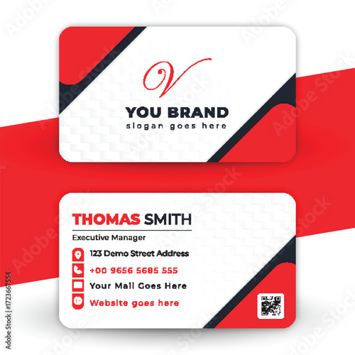 Modern red and white business card design template with company logo and contact information