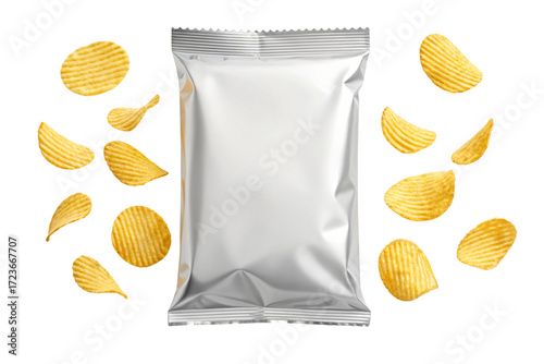 Crispy rippled potato chips cascade around a pristine silver snack bag perfect for product mockups and advertising