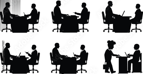 Business interview, job consultation, professional meeting, office discussion, HR recruitment, career talk, corporate interaction, silhouette vector, teamwork