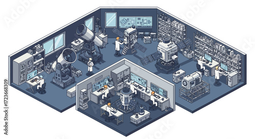 Isometric illustration of a modern astronomical observatory laboratory with scientists at work.