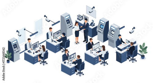 Isometric view of a busy bank branch interior with tellers, ATMs, and customers.