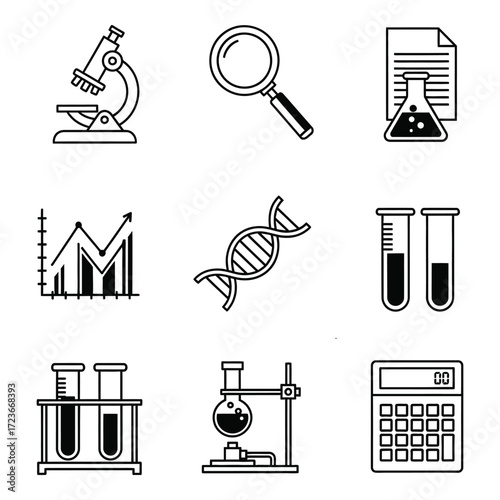 Scientific equipment icons hand drawn line art collection for research and discovery