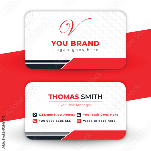 Modern and professional business card design template with red accents and company branding elements