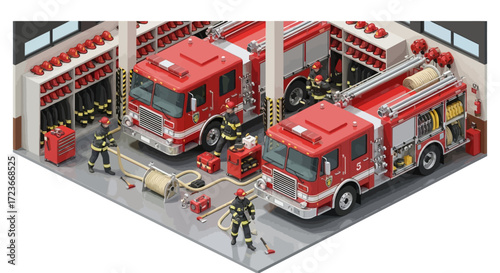 Isometric illustration of a fire station with firefighters and trucks.