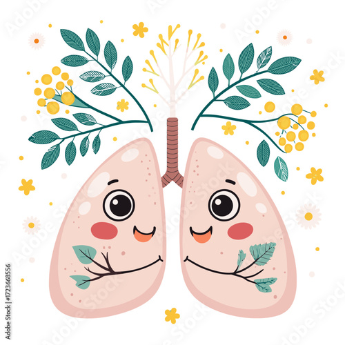 Joyful cartoon lungs sprout a vibrant tree of life adorned with blossoms and leaves, symbolizing health and breathing.