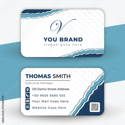 Modern and professional business card design with abstract blue wave elements and company branding