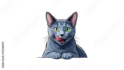 A portrait illustration of a (Russian Blue) sticking out tongue and panting, isolated on white background