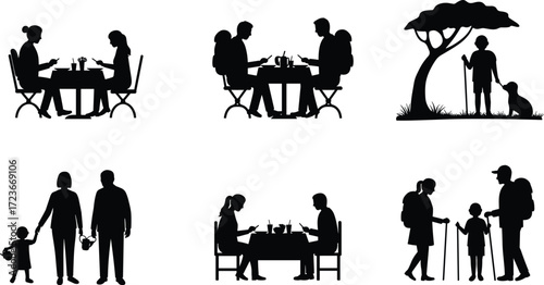 Family outing, outdoor activity, hiking, parenting, bonding, nature walk, picnic, silhouette vector, child care, lifestyle, togetherness, black illustration