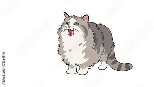 A portrait illustration of a (Norwegian Forest Cat) sticking out tongue and panting, isolated on white background