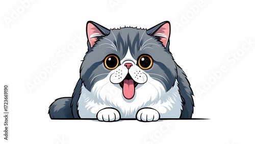  A portrait illustration of a (Exotic Shorthair) sticking out tongue and panting, isolated on white background, 