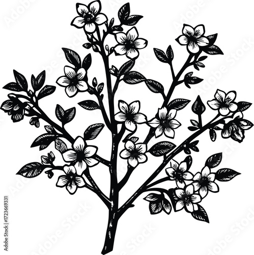 A vector illustration of a black and white tree silhouette with intricate leaf and branch designs symbolizing the changing seasons and the natural cycle of growth