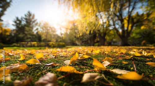 Wallpaper Mural vegetation. Autumn garden bathed in warm sunlight with scattered golden leaves and peaceful ambiance. representing seasonal cycles and harvest abundance. Torontodigital.ca