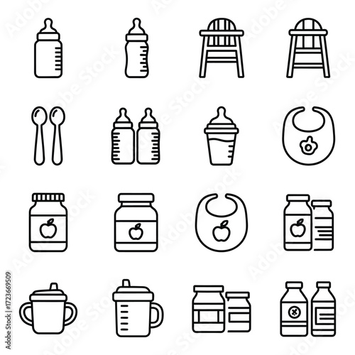 Collection of line art icons representing baby feeding essentials and accessories