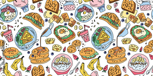 Table with healthy breakfasts for the whole family in doodle style, porridge, pancakes, eggs, toast