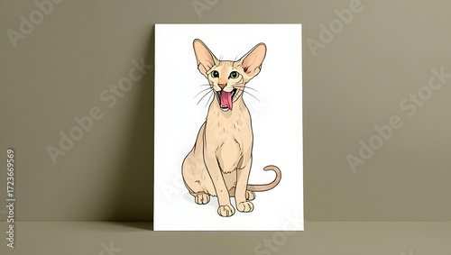 A portrait illustration of a (Oriental Shorthair) sticking out tongue and panting, isolated on white background, 