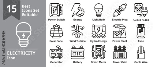 Electricity icons set. Contains light bulbs, plugs, outlets, wires, power plants and generator. Editable outline vector illustration.