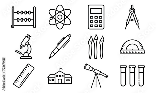 Education and Science Icon Set – School Supplies, Mathematics Tools, Laboratory Equipment, and Learning Symbols in Outline Style on White Background