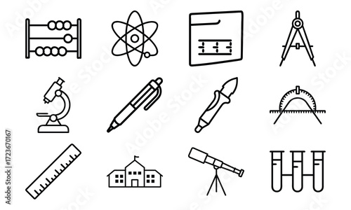 Education and Science Icon Set – School Supplies, Mathematics Tools, Laboratory Equipment, and Learning Symbols in Outline Style on White Background