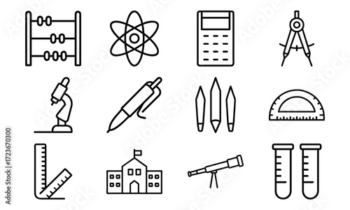Education and Science Icon Set – School Supplies, Mathematics Tools, Laboratory Equipment, and Learning Symbols in Outline Style on White Background
