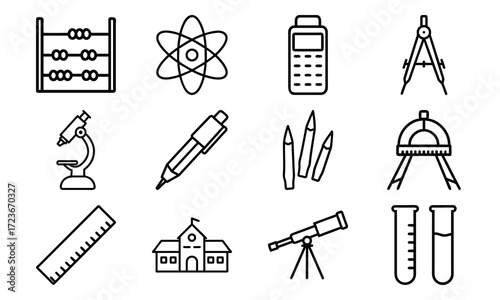 Education and Science Icon Set – School Supplies, Mathematics Tools, Laboratory Equipment, and Learning Symbols in Outline Style on White Background