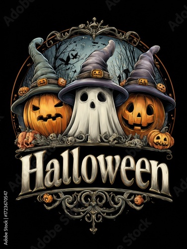 Halloween celebration with pumpkins and spooky characters on a transparent background, cut out