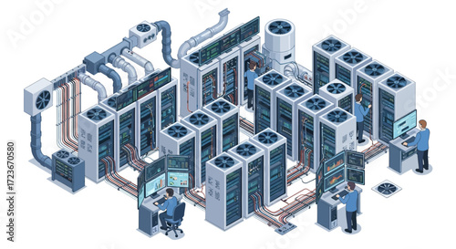 Isometric illustration of a large server room with technicians.