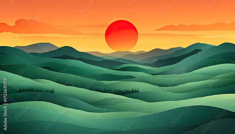 Obraz premium Red sun rises over green rolling hills, cartoon style landscape. Perfect for nature themes, peaceful concepts, and minimalist designs.