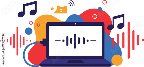 Audio Editing and Music Production Concept Laptop Interface with Sound Waves and Musical Notes